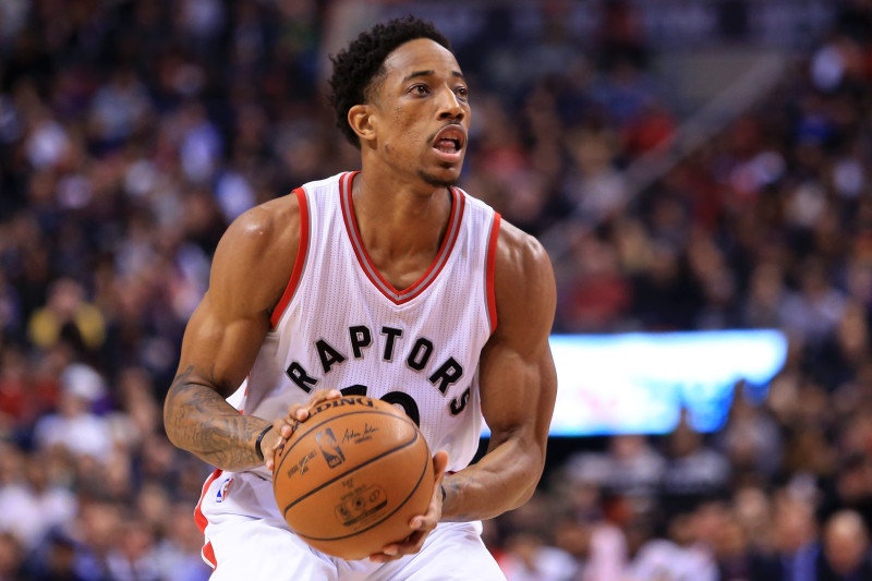 TORONTO, ON - JANUARY 13:  DeMar DeRozan #10 of the Toronto Raptors dribbles the ball during the first half of an NBA game against the Brooklyn Nets at Air Canada Centre on January 13, 2017 in Toronto, Canada.  NOTE TO USER: User expressly acknowledges and agrees that, by downloading and or using this photograph, User is consenting to the terms and conditions of the Getty Images License Agreement.  (Photo by Vaughn Ridley/Getty Images)