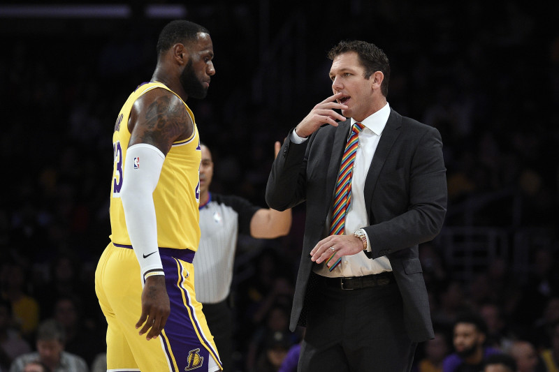 LOS ANGELES, CA - OCTOBER 04: Head coach Luke Walton of the Los Angeles talks with LeBron James #23 during a pre-season basketball game against Sacramento Kingsat Staples Center on October 4, 2018 in Los Angeles, California. NOTE TO USER: User expressly acknowledges and agrees that, by downloading and or using this photograph, User is consenting to the terms and conditions of the Getty Images License Agreement. (Photo by Kevork Djansezian/Getty Images)