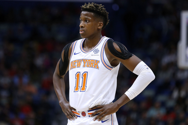 NEW ORLEANS, LA - NOVEMBER 16: Frank Ntilikina #11 of the New York Knicks reacts during a game against the New Orleans Pelicans at the Smoothie King Center on November 16, 2018 in New Orleans, Louisiana. NOTE TO USER: User expressly acknowledges and agrees that, by downloading and or using this photograph, User is consenting to the terms and conditions of the Getty Images License Agreement. (Photo by Jonathan Bachman/Getty Images)