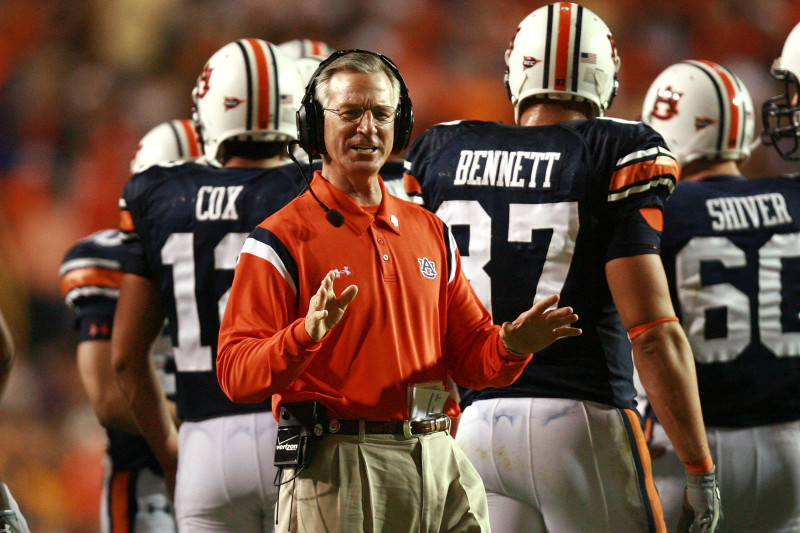 BATON ROUGE, LA - OCTOBER 20: Head coach Tommy Tuberville of the Auburn Tigers tries to ask the officials a question during a stoppage in play while taking on the LSU Tigers at Tiger Stadium on October 20, 2007 in Baton Rouge, Louisiana. (Photo by Doug Benc/Getty Images)