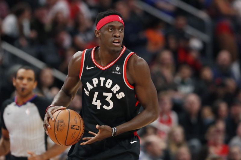 Toronto Raptors forward Pascal Siakam looks to pass during the first half of an NBA basketball game, Sunday, March 17, 2019, in Detroit. (AP Photo/Carlos Osorio)
