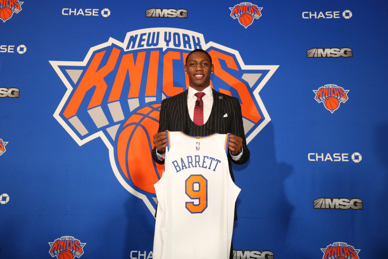 New York CITY, NY - JUNE 21: New York Knicks welcome R.J. Barrett to the team and the city on June 21, 2019 at Madison Square Garden in New York, New York. NOTE TO USER: User expressly acknowledges and agrees that, by downloading and/or using this photograph, user is consenting to the terms and conditions of the Getty Images License Agreement. Mandatory Copyright Notice: Copyright 2019 NBAE (Photo by Nathaniel S. Butler/NBAE via Getty Images)