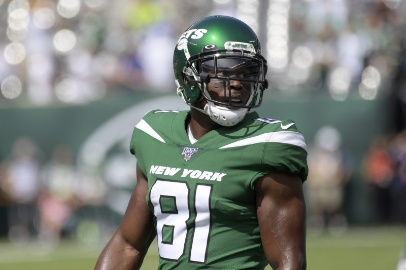 New York Jets wide receiver Quincy Enunwa (81) warms up before an NFL football game Sunday, Sept. 8, 2019, in East Rutherford, N.J. (AP Photo/Bill Kostroun)