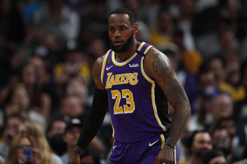 Los Angeles Lakers forward LeBron James (23) in the second half overtime of an NBA basketball game Wednesday, Feb. 12, 2020, in Denver. The Lakers won 120-116 in overtime. (AP Photo/David Zalubowski)