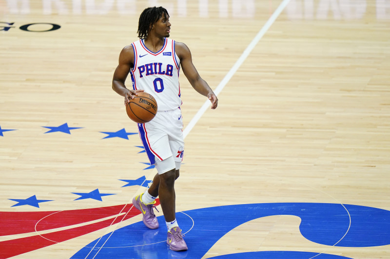 Philadelphia 76ers' Tyrese Maxey plays during an NBA basketball game against the Atlanta Hawks, Wednesday, April 28, 2021, in Philadelphia. (AP Photo/Matt Slocum)