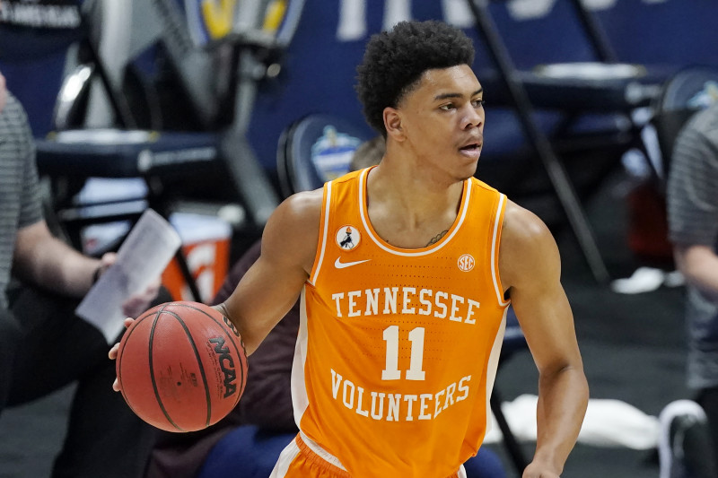 Tennessee's Jaden Springer plays against Alabama during the NCAA college basketball Southeastern Conference Tournament Saturday, March 13, 2021, in Nashville, Tenn. (AP Photo/Mark Humphrey)